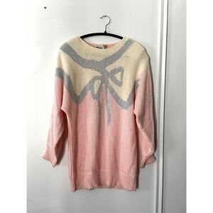 Vintage 80s pink Bow Pullover‎ knit sweater Womens S shoulder pads silver duet